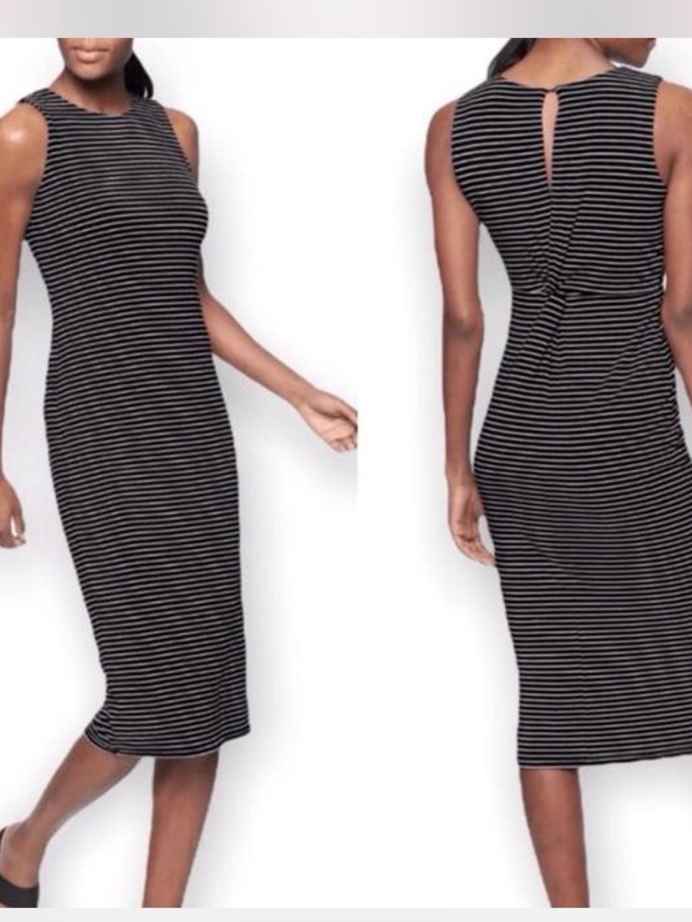 Athleta Black and White Striped Sleeveless Midi Dress